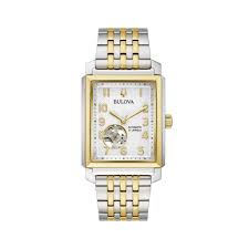 Gents Two Tone Bulova Sutton Square 33mm Automatic Watch With Open Heart Dial