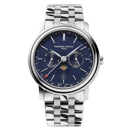 Gents Stainless Steel Frederique Constant Business Timer 40mm Light Blue Dial Moonphase Watch