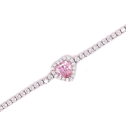 Sterling Silver Pink CZ Tennis Bracelet with Pink Heart CZ