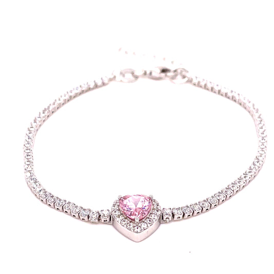 Sterling Silver Pink CZ Tennis Bracelet with Pink Heart CZ