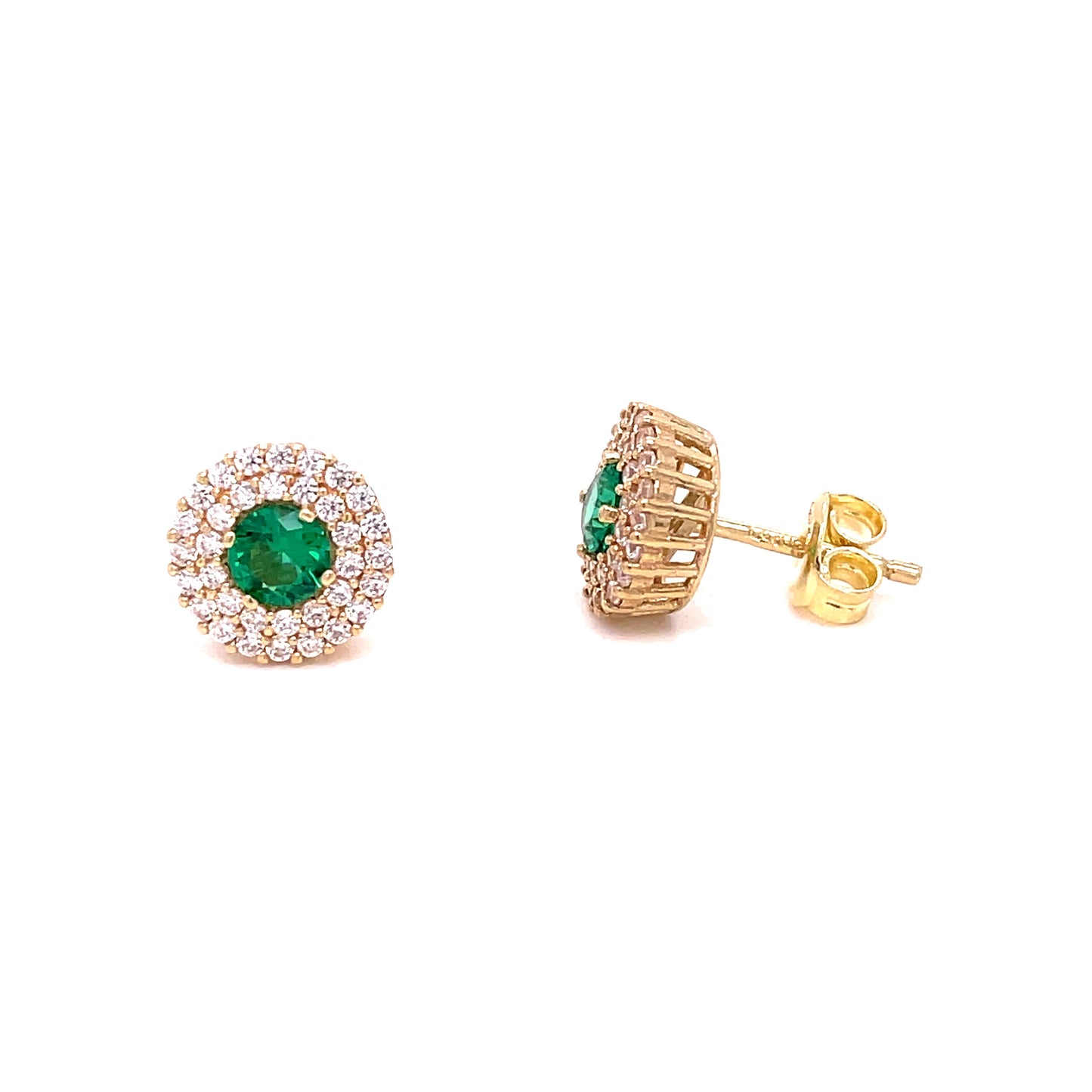 9ct Yellow Gold Round Green CZ Earrings With Double CZ Halo