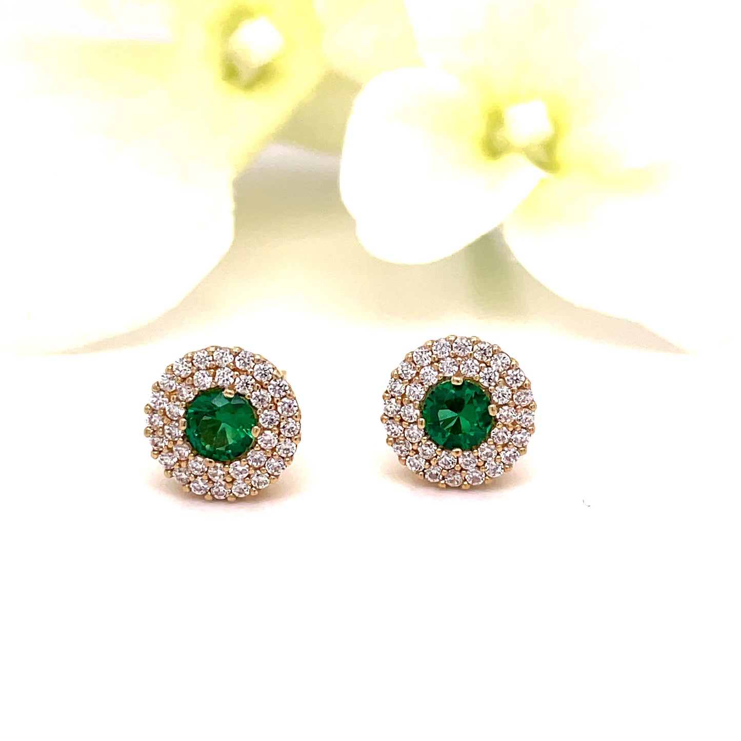 9ct Yellow Gold Round Green CZ Earrings With Double CZ Halo