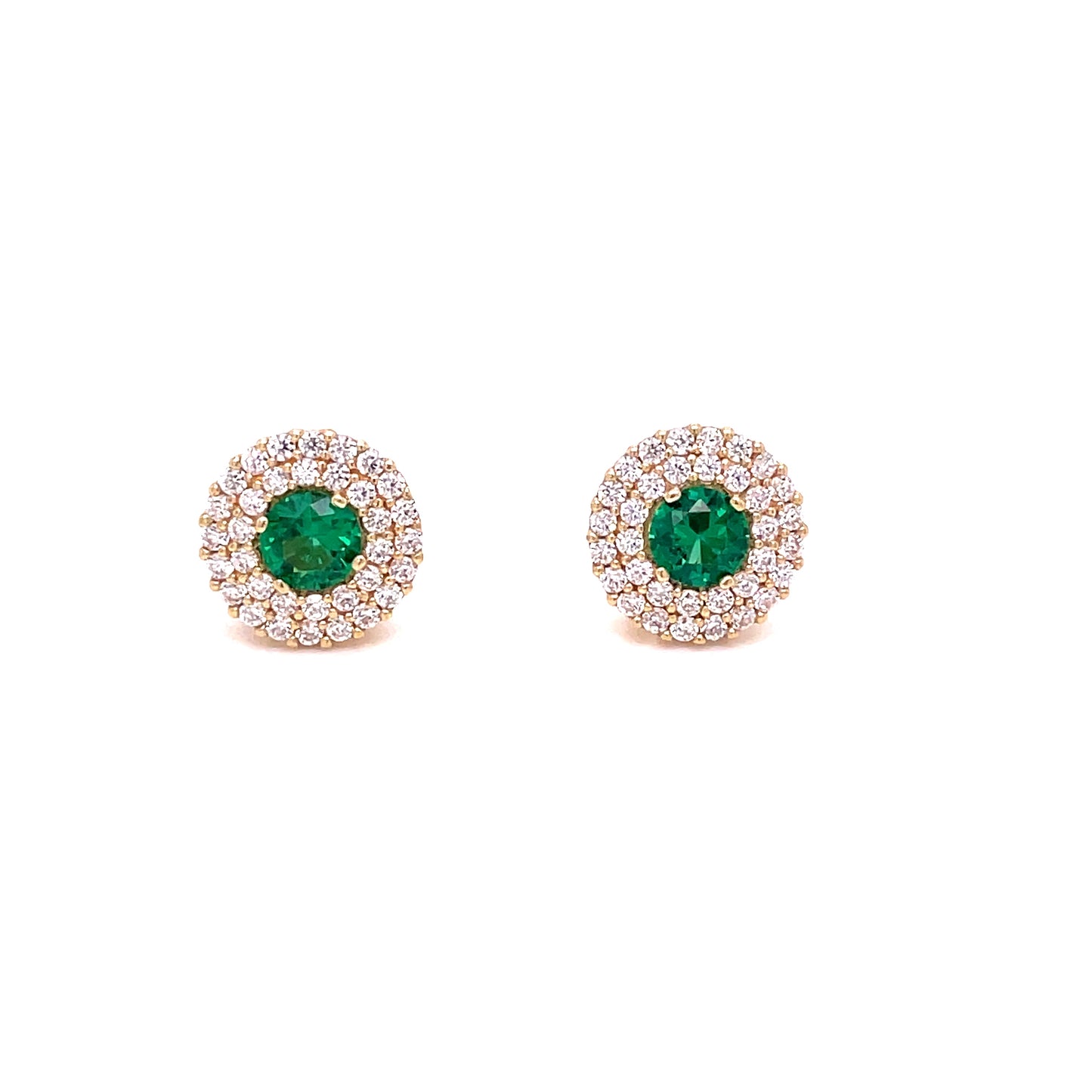 9ct Yellow Gold Round Green CZ Earrings With Double CZ Halo