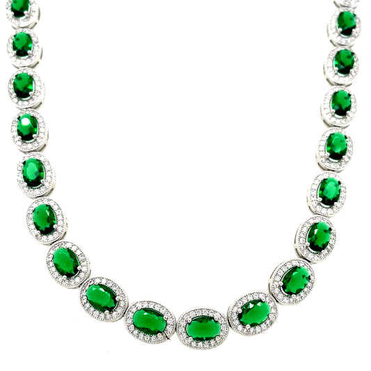 Sterling Silver CZ/Green Oval Tennis Necklet