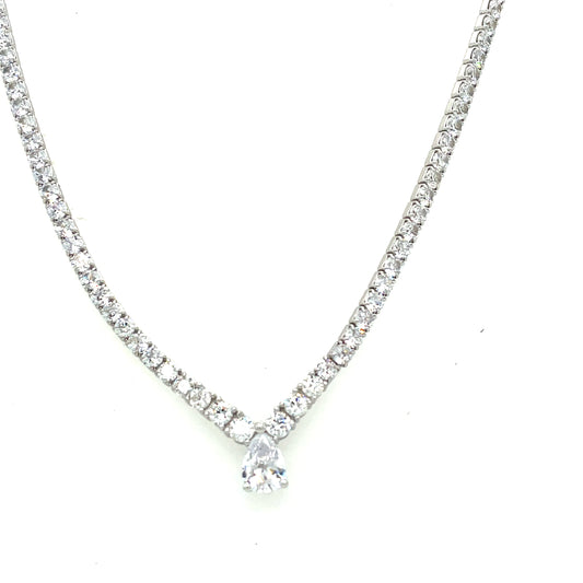 Sterling Silver Half Tennis Necklet With Pear Centre