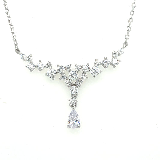 Sterling Silver CZ Hammock Cluster CZ Necklet with Pear CZ Drop