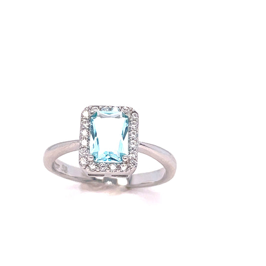 SIL RING CZ/AQUA EM/CUT HALO
