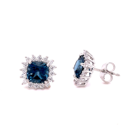 9ct White Gold Square Cluster London Blue/CZ Earrings