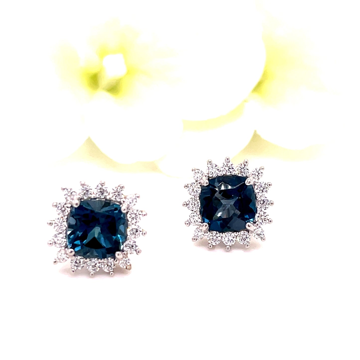 9ct White Gold Square Cluster London Blue/CZ Earrings