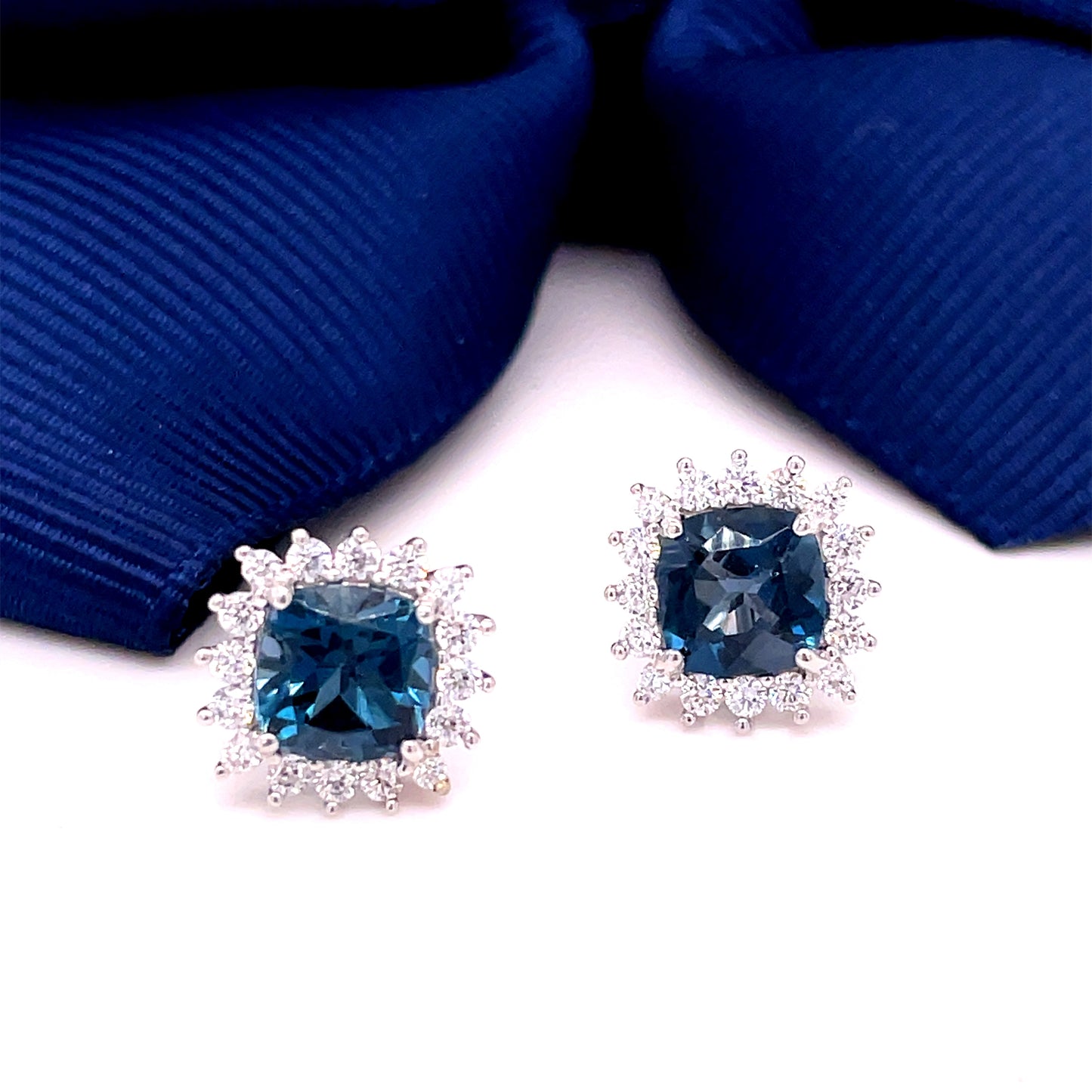 9ct White Gold Square Cluster London Blue/CZ Earrings