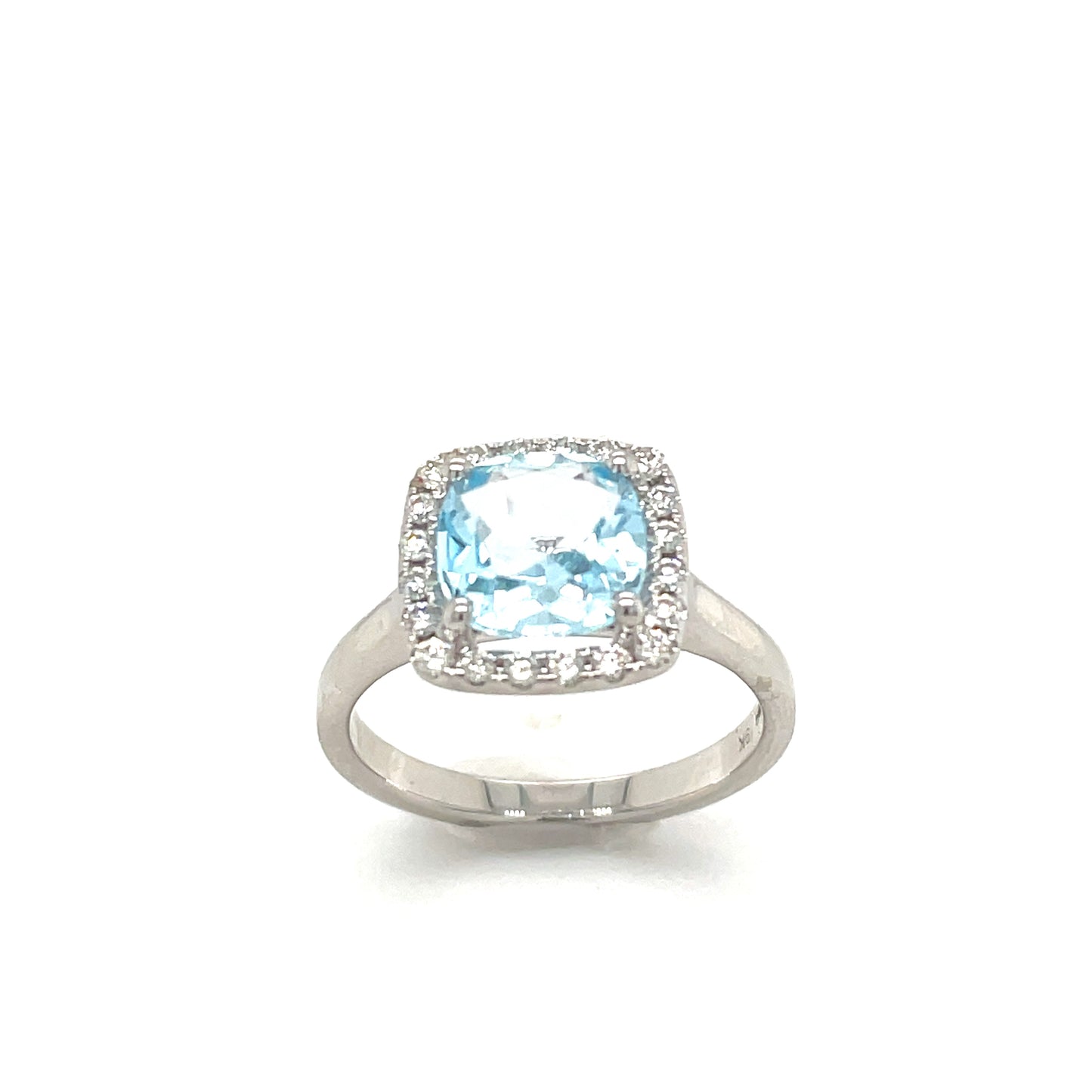 9ct White Gold Cushion Cut Blue Topaz And Diamond Ring .25ct