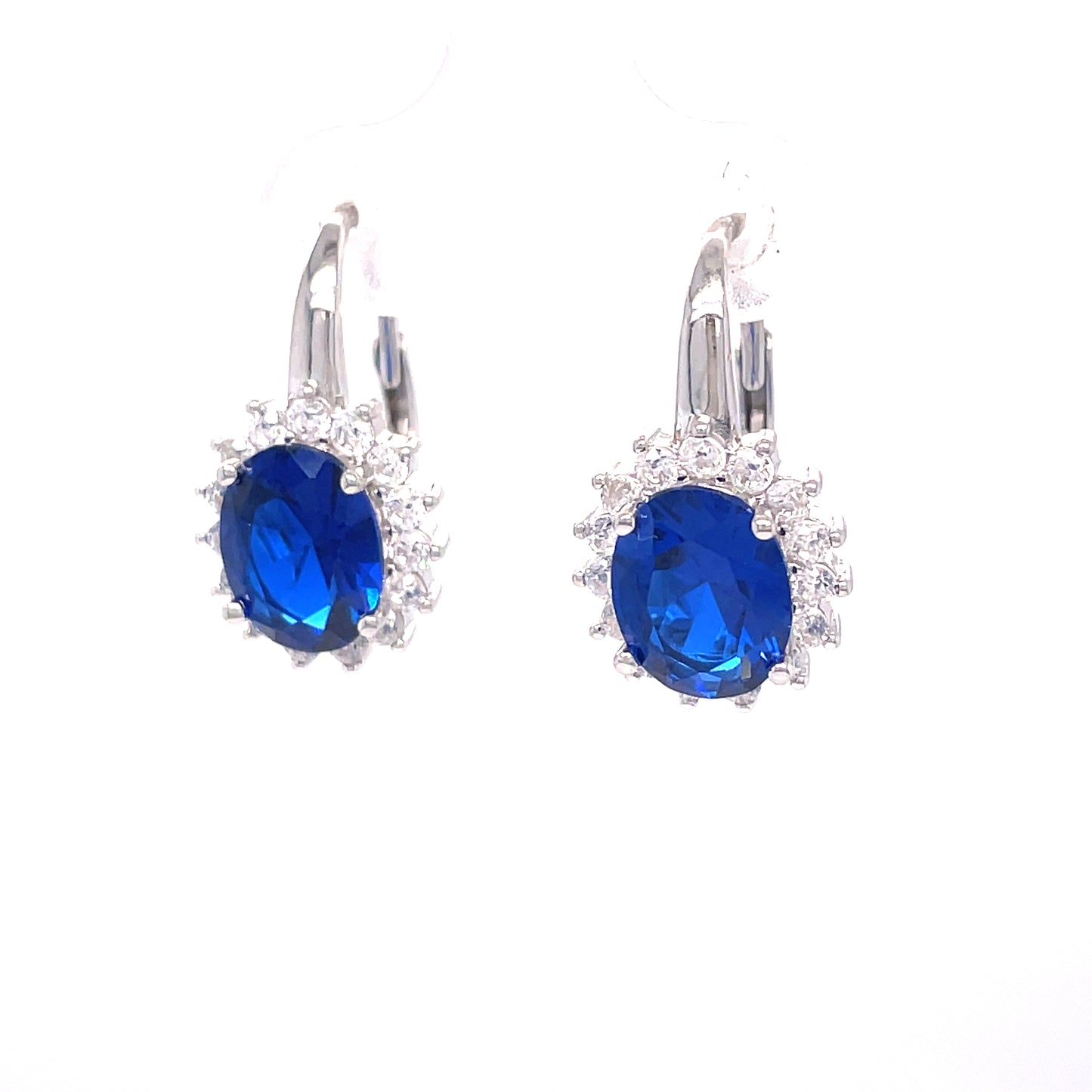 Sterling Silver Dark Blue + White Cubic Zirconia Drop Oval Cluster Earrings
