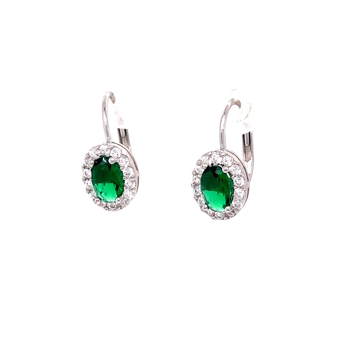 Sterling Silver Green + White Cubic Zirconia Drop Oval Cluster Earrings