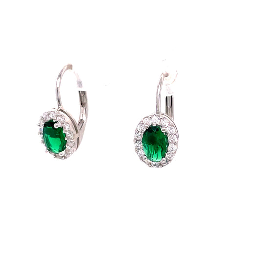 Sterling Silver Green + White Cubic Zirconia Drop Oval Cluster Earrings
