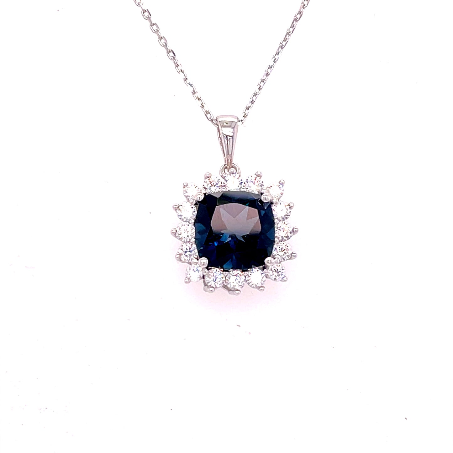 9ct White Gold Square London Blue Topaz Pendant with CZ Flower Halo