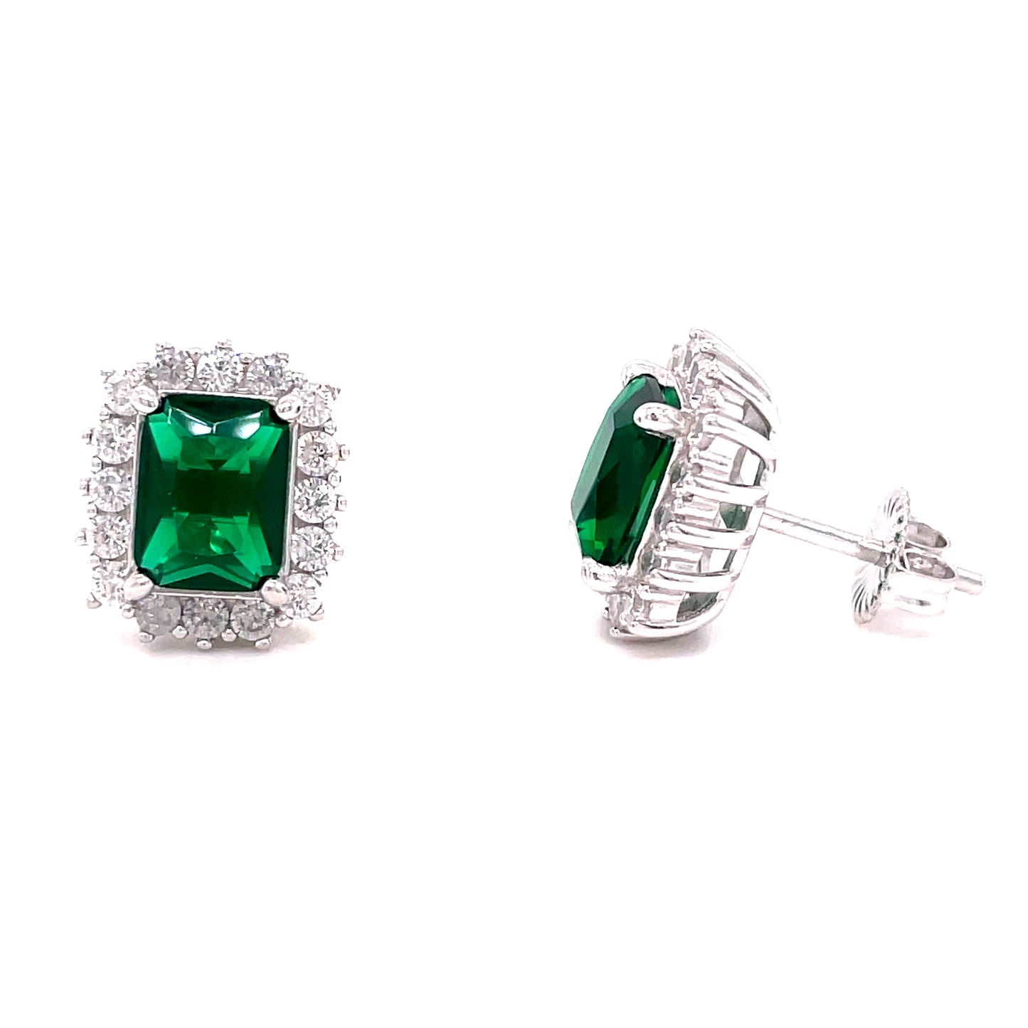 Sterling Silver Green White Cubic Zirconia Rectangular Cluster Earrings