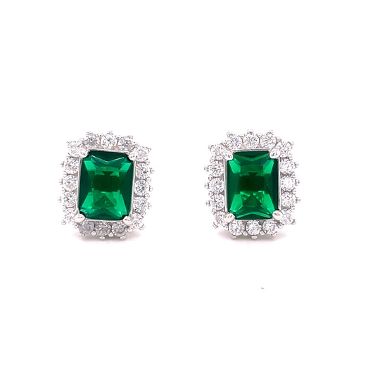 Sterling Silver Green White Cubic Zirconia Rectangular Cluster Earrings