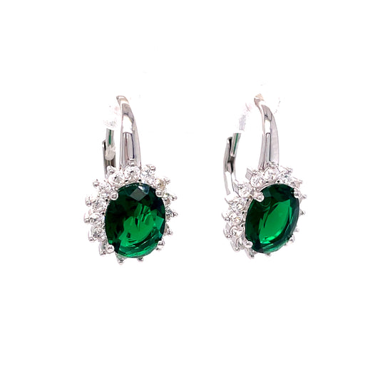 Sterling Silver Green + White Cubic Zirconia Drop Oval Cluster Earrings