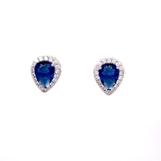 Sterling Silver Dark Blue + White Cubic Zirconia Teardrop Cluster Earrings