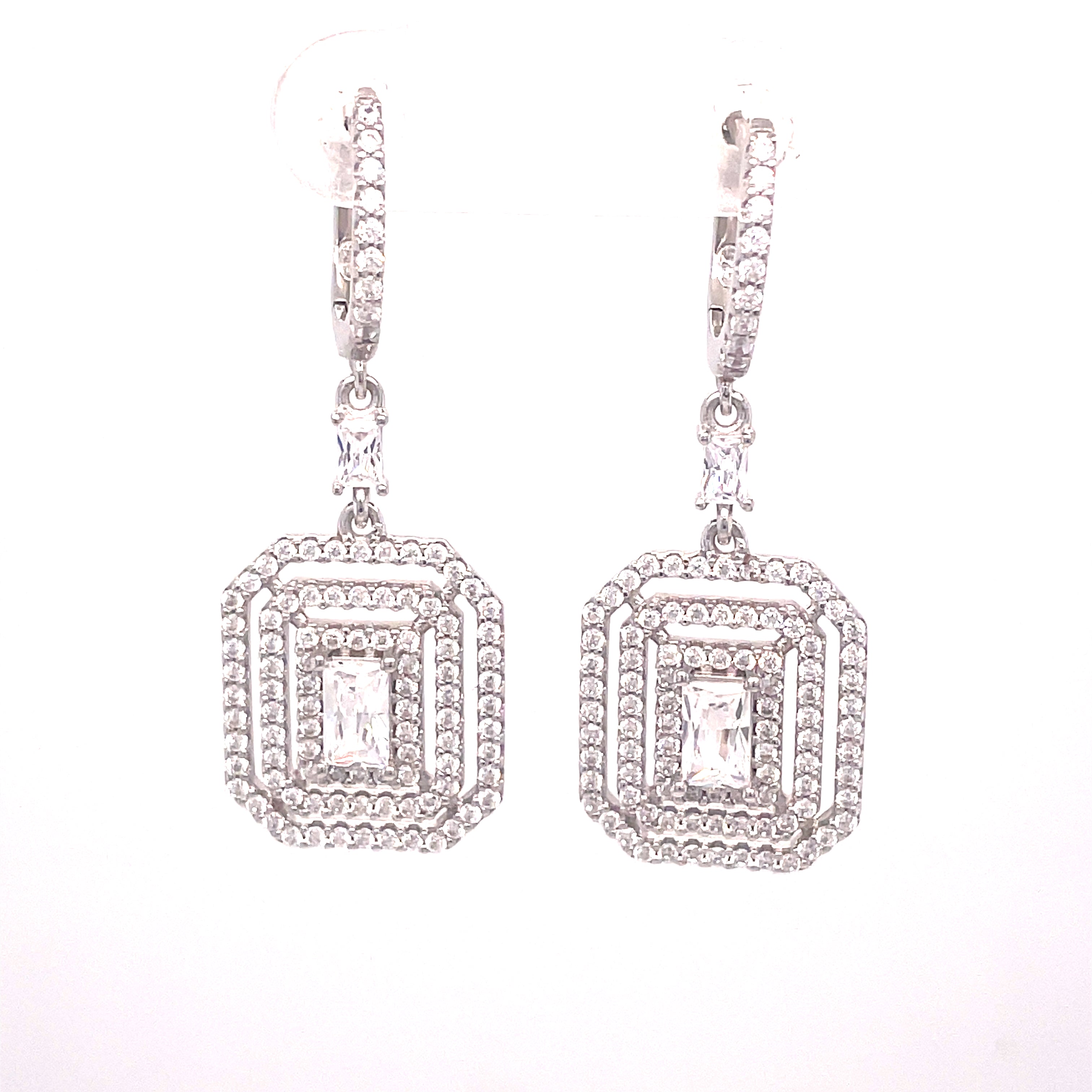 Sterling Silver White Cubic Zirconia Drop Rectangular Cluster Earrings ...