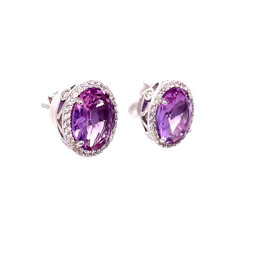 Sterling Silver Purple + White Cubic Zirconia Oval Cluster Earrings