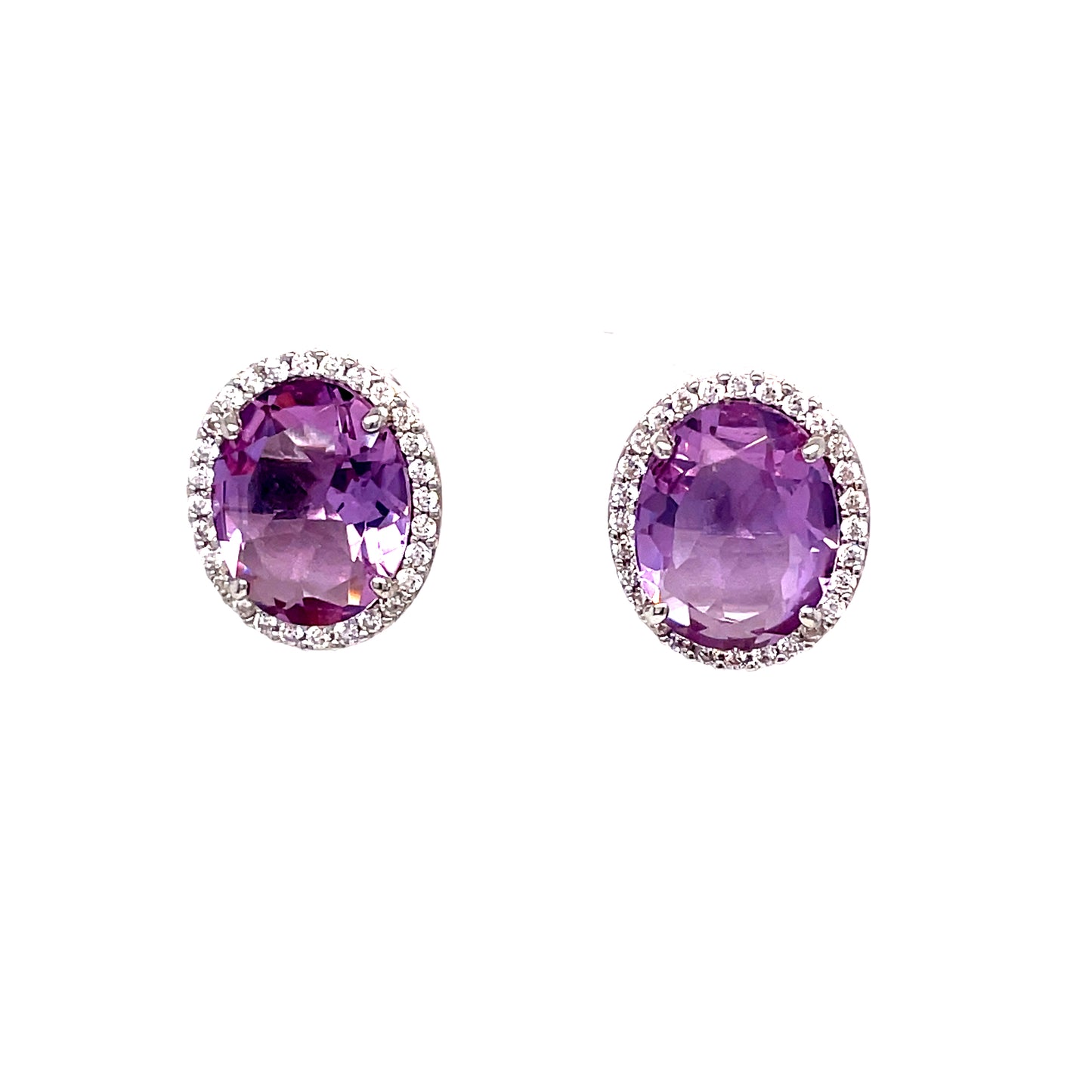 Sterling Silver Purple + White Cubic Zirconia Oval Cluster Earrings