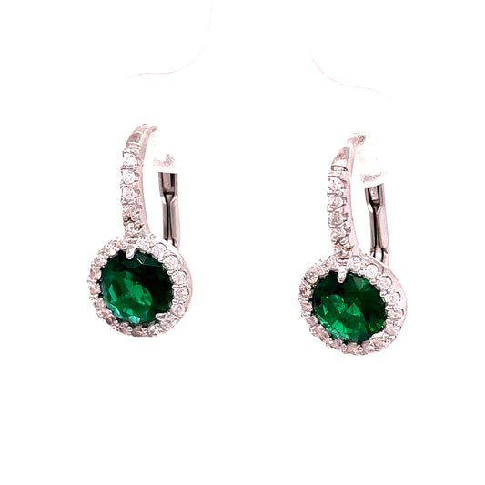 Sterling Silver Green + White Cubic Zirconia Drop Round Cluster Earrings