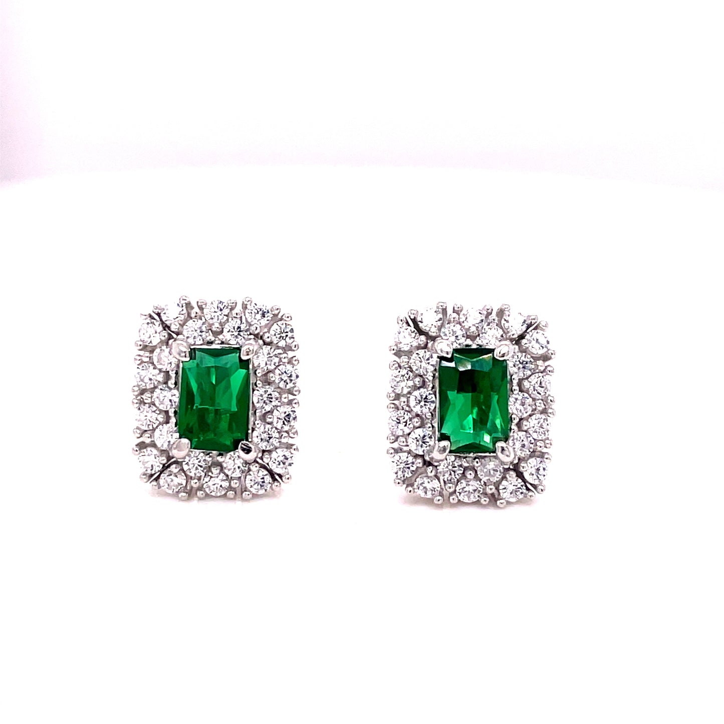Sterling Silver Green + White Cubic Zirconia Rectangular Cluster Earrings