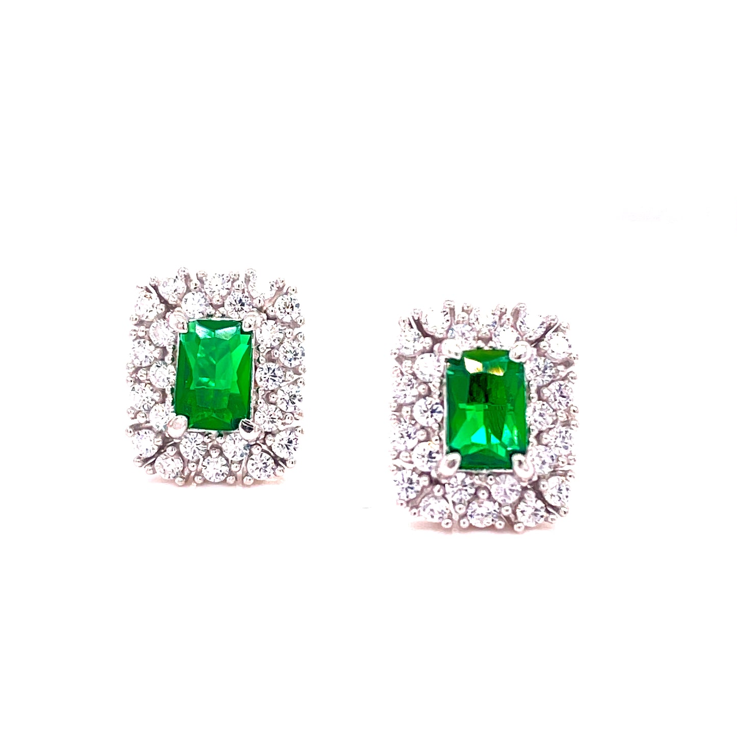 Sterling Silver Green + White Cubic Zirconia Rectangular Cluster Earrings