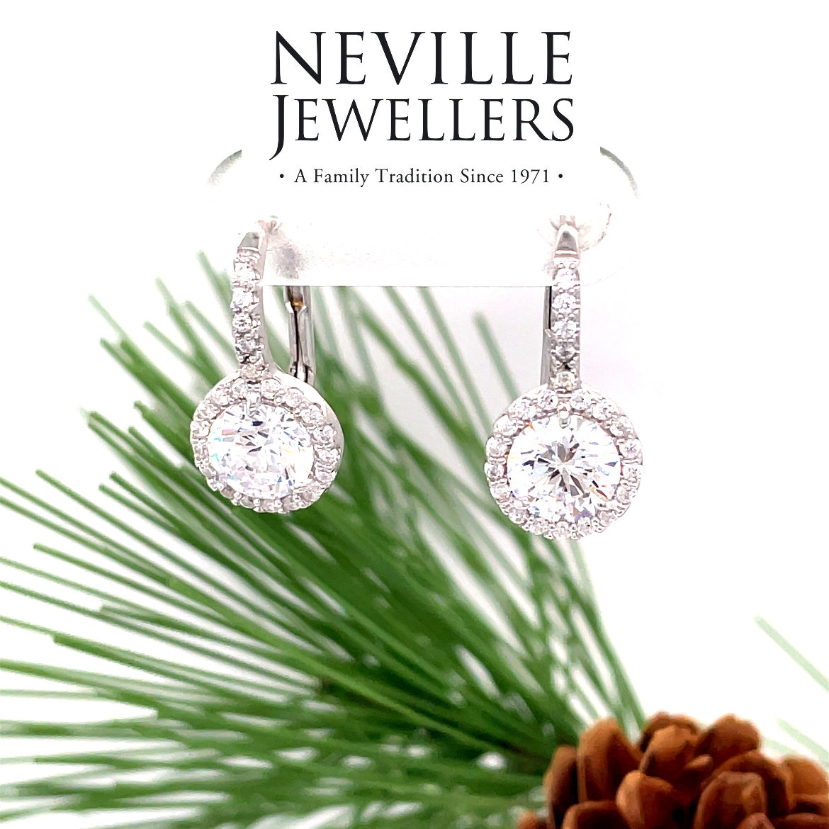 Sterling Silver White Cubic Zirconia Drop Halo Cluster Earrings