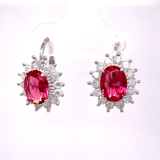 Sterling Silver Red + White Cubic Zirconia Drop Oval Cluster Earrings