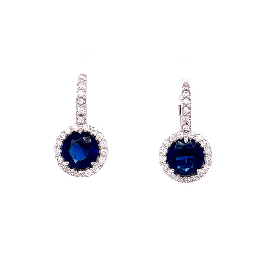 Sterling Silver Dark Blue + White Cubic Zirconia Drop Round Cluster Earrings