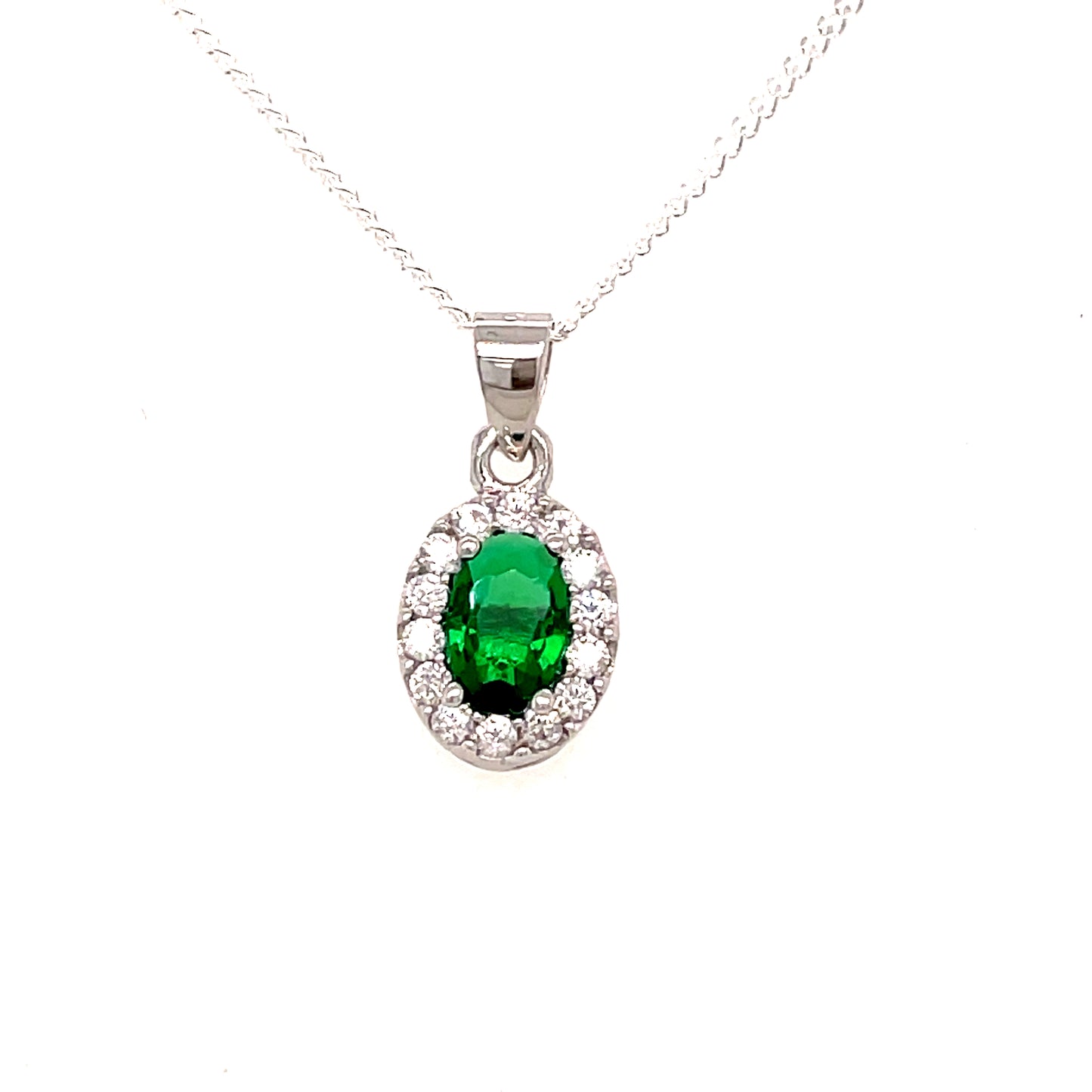 Sterling Silver Oval Green CZ Pendant with White CZ Halo