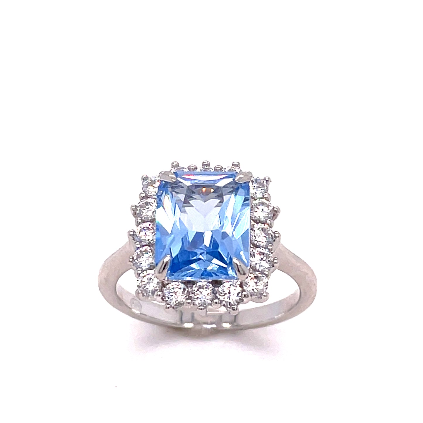 SIL RING CZ/AQUA EM/CUT HALO