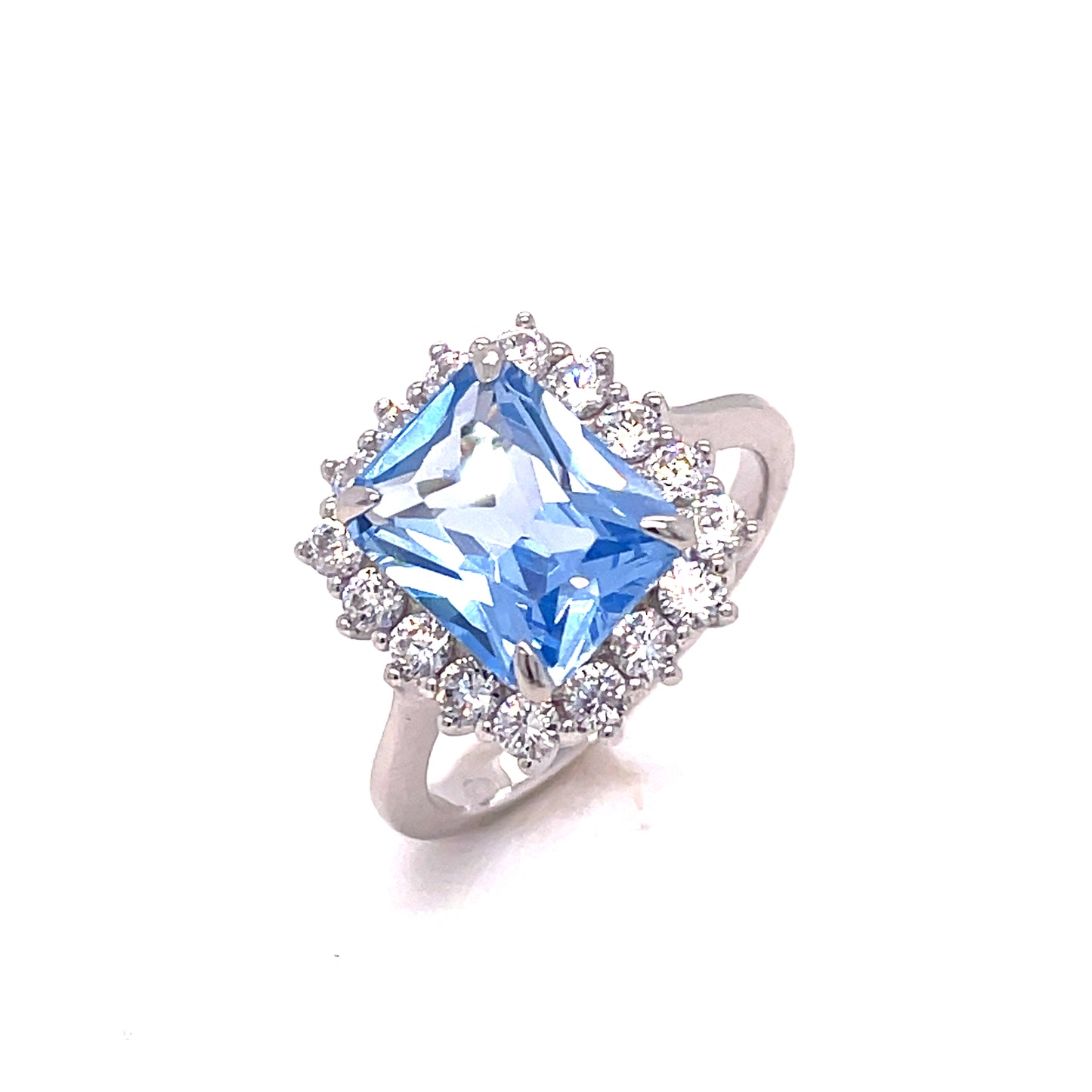 SIL RING CZ/AQUA EM/CUT HALO