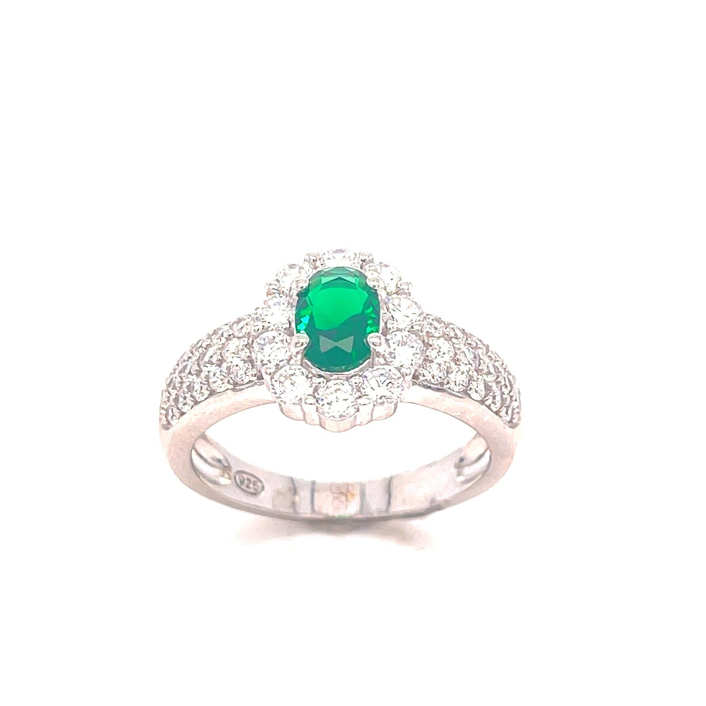 SIL RING OVAL CZ/GREEN CLUSTER PAVE SHOULDERS