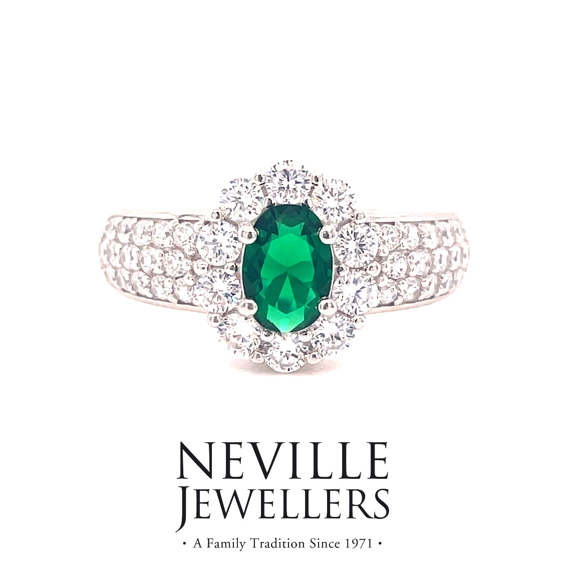 SIL RING OVAL CZ/GREEN CLUSTER PAVE SHOULDERS