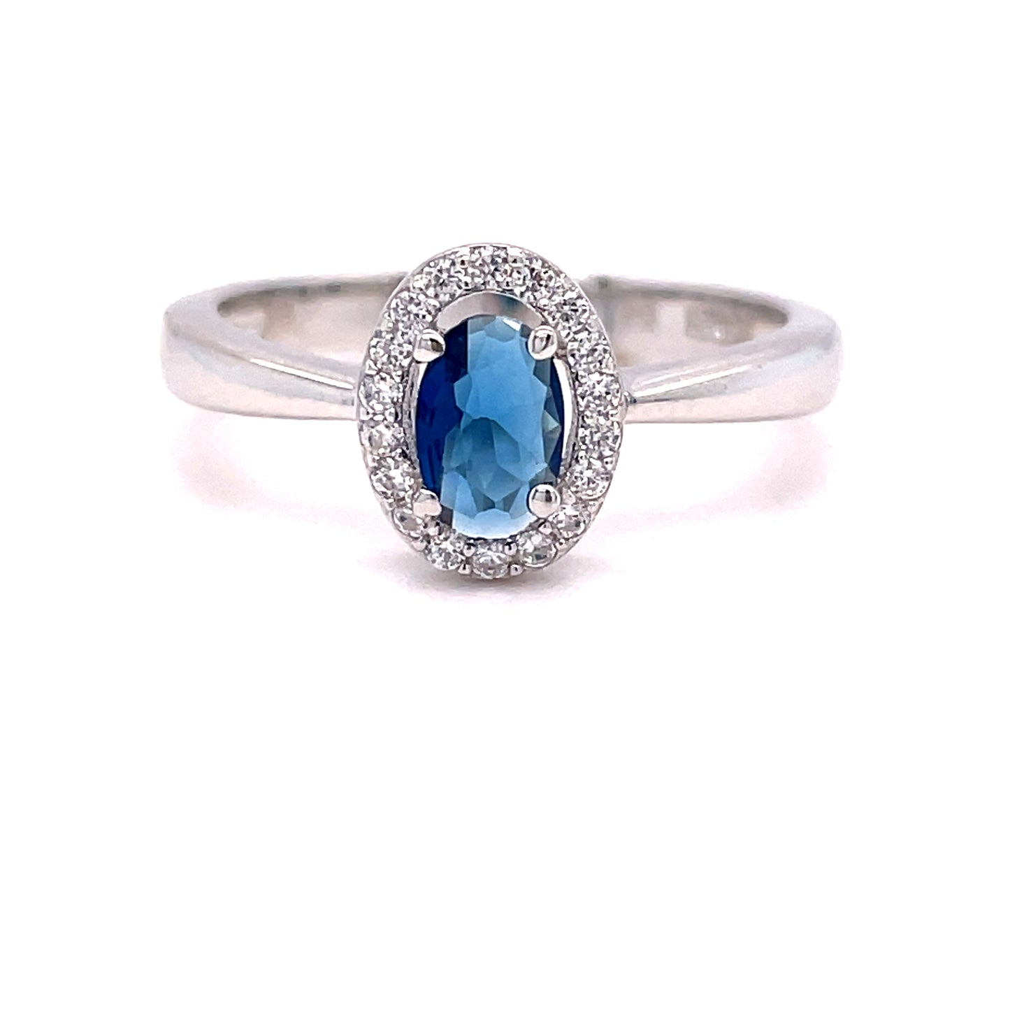 SILVER RING OV CZ/BLUE SOLITAIRE HALO