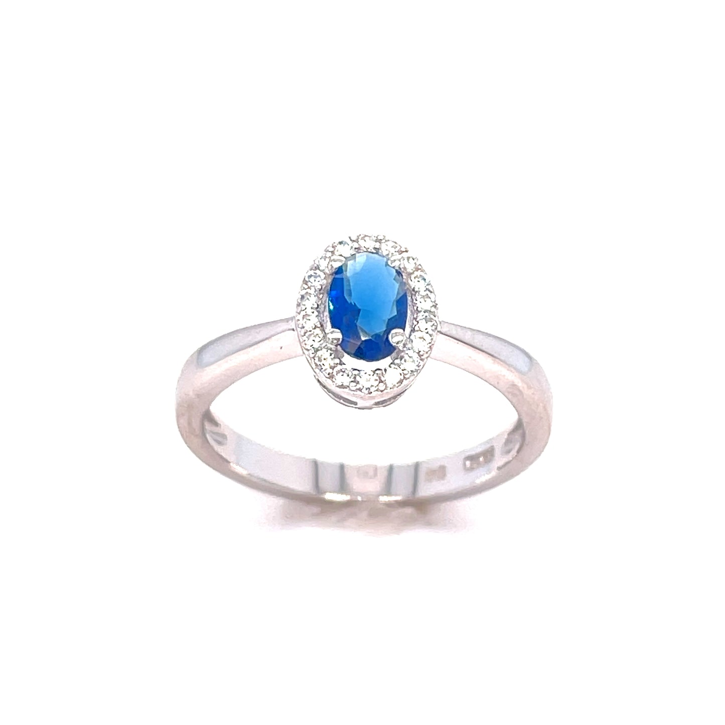 SILVER RING OV CZ/BLUE SOLITAIRE HALO