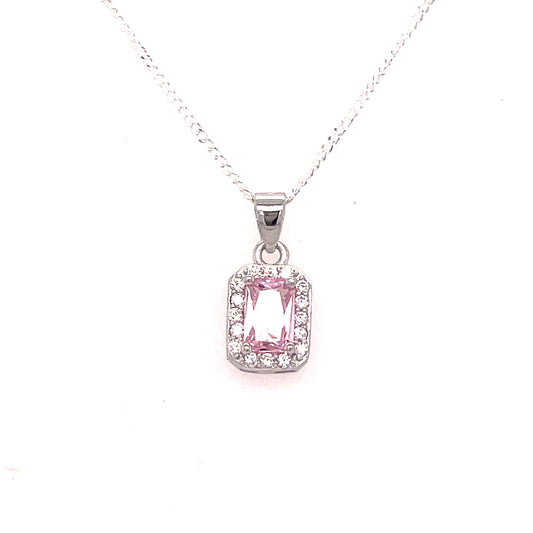 Sterling Silver Emerald Cut Pink CZ Pendant with White CZ Halo