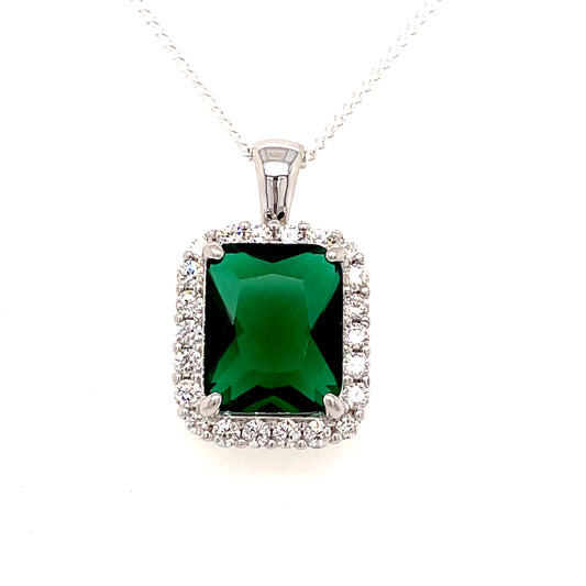 Sterling Silver Emerald Cut Green CZ Pendant with White CZ Halo