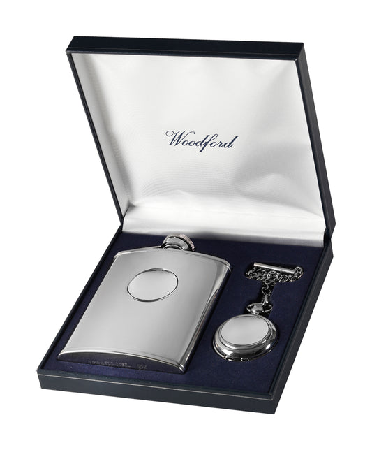 Silver Plated Hipflask and Pocketwatch Set