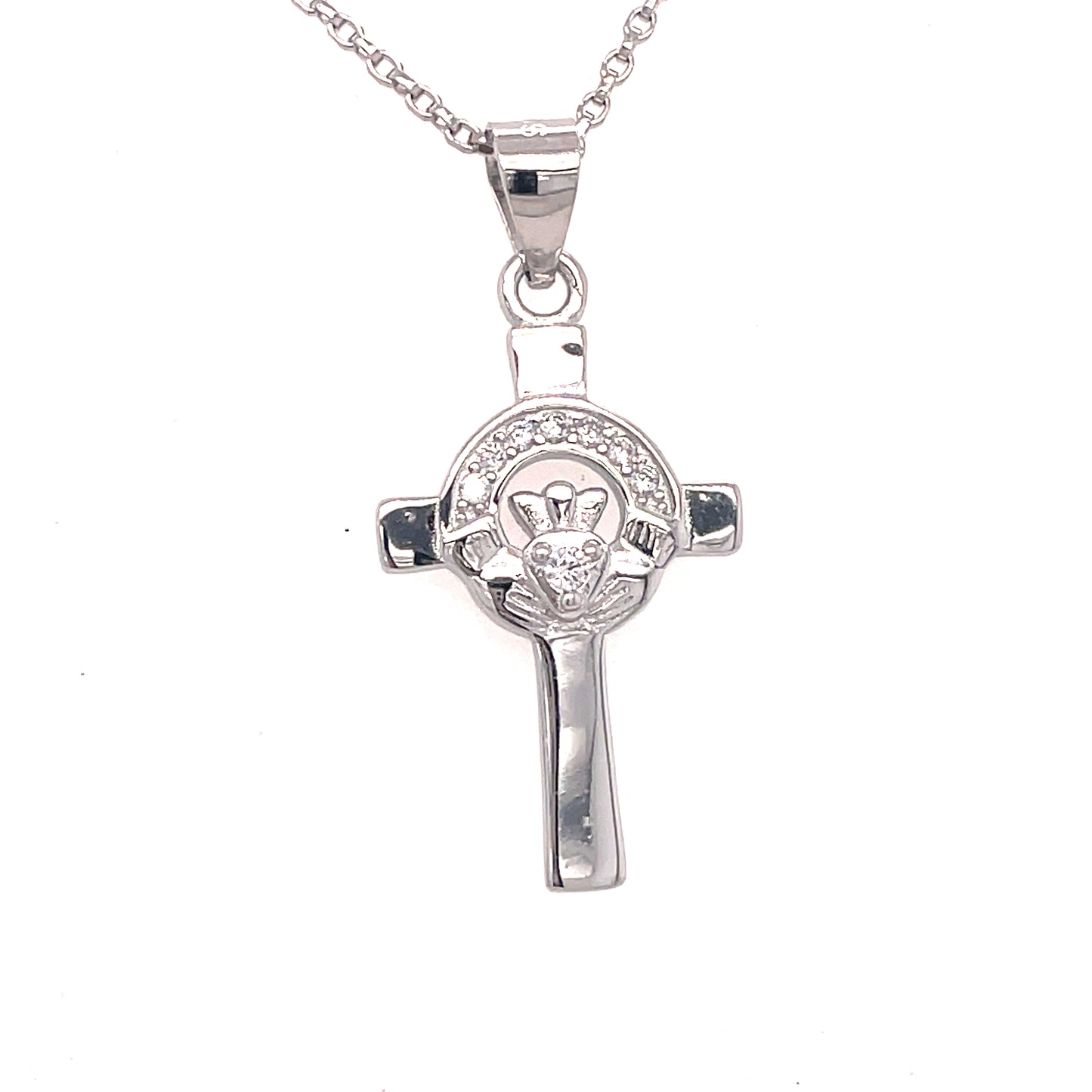 Sterling Silver CZ Claddagh Cross Pendant