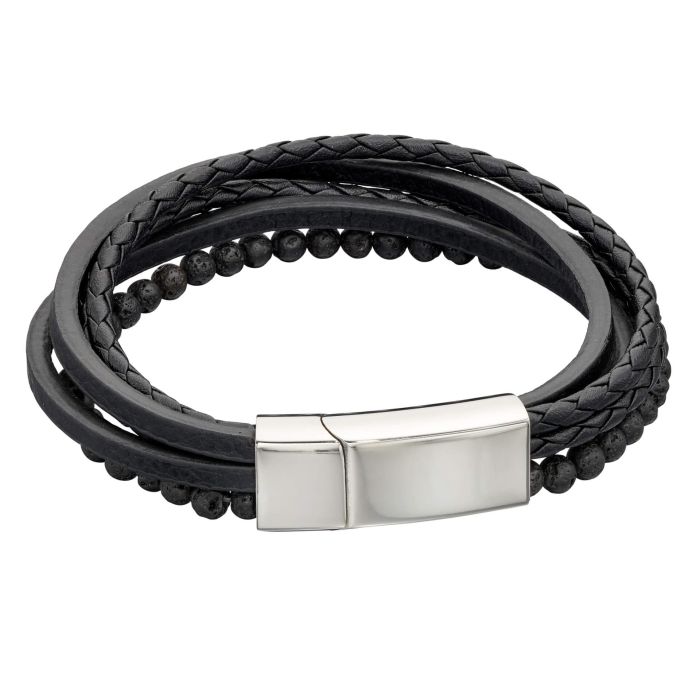 Fred Bennett Black Leather and Lava Bead Bracelet