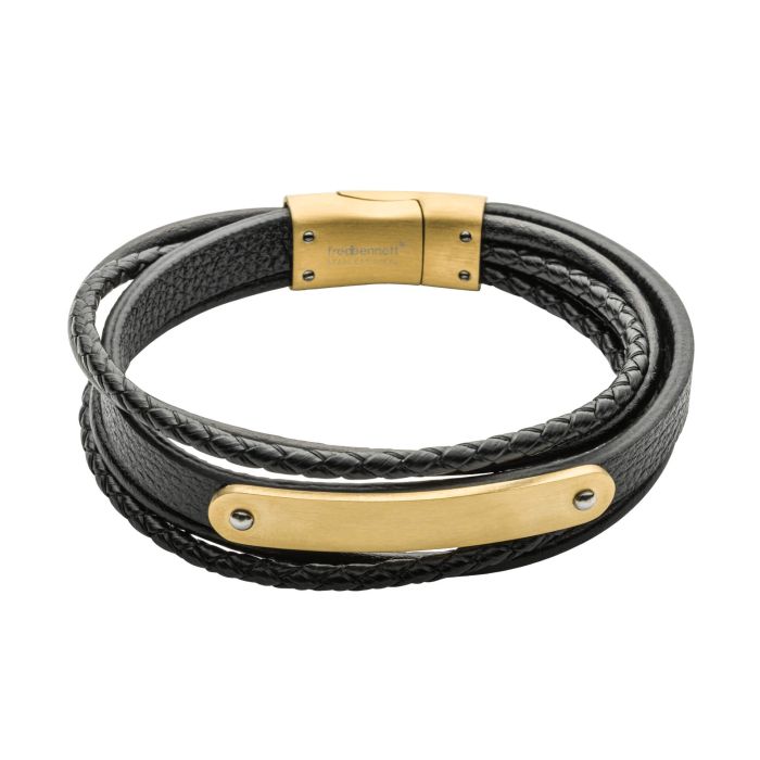Fred Bennett Black Leather and Gold ID Bracelet