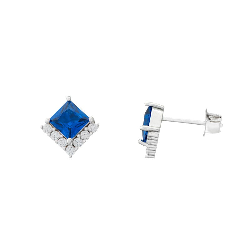 Sterling Silver Blue Square CZ Stud Earrings With White CZ Half Halo