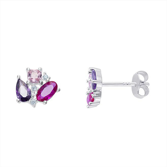 Sterling Silver Pink and Purple CZ Cluster Stud Earrings
