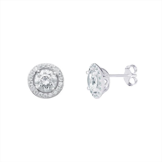 Sterling Silver Round CZ Stud Earrings with CZ Halo