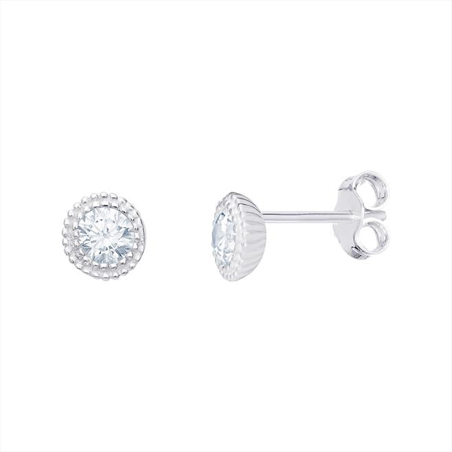 Sterling Silver Round CZ Stud Earrings with Beaded Edge
