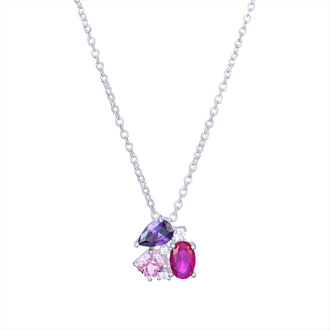 Sterling Silver Pink and Purple Cluster CZ Necklet